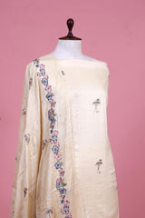 Off-White Pure Tussar Silk Suit Piece with Animal and Floral Motifs