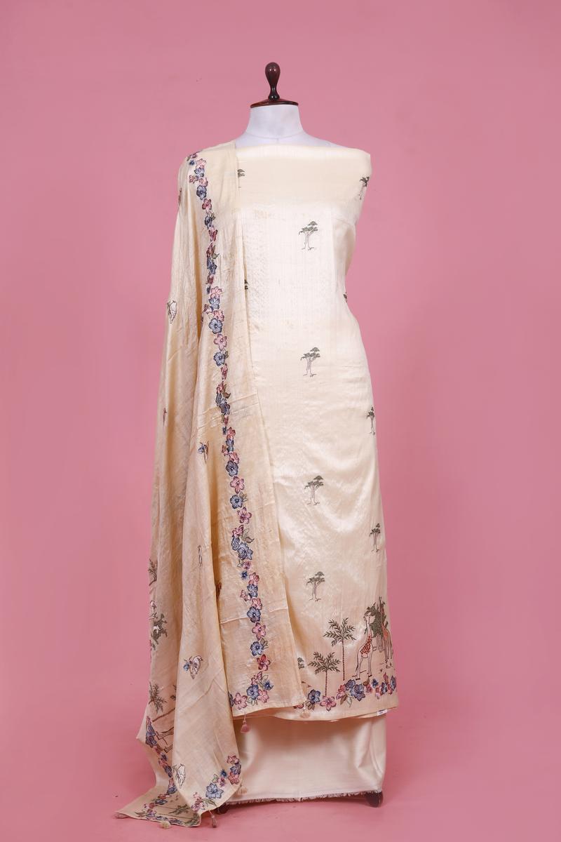 Off-White Pure Tussar Silk Suit Piece with Animal and Floral Motifs