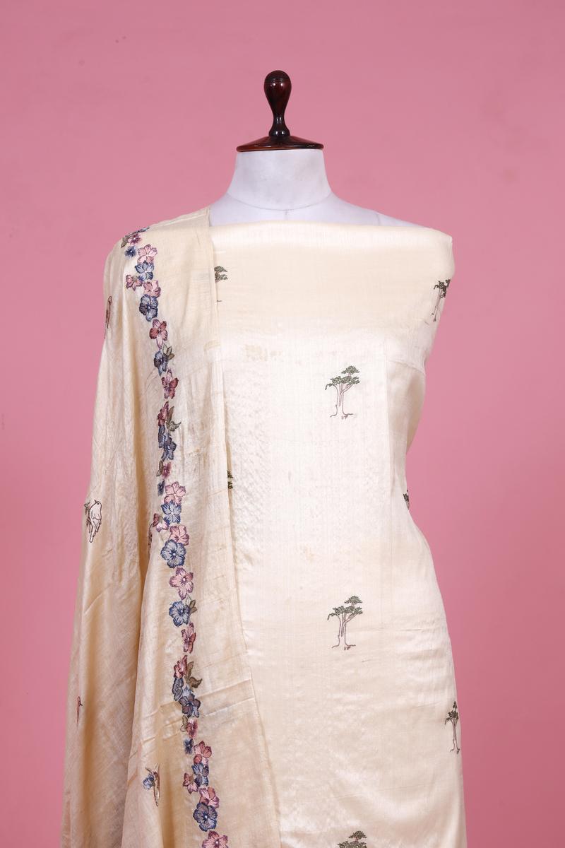 Off-White Pure Tussar Silk Suit Piece with Animal and Floral Motifs