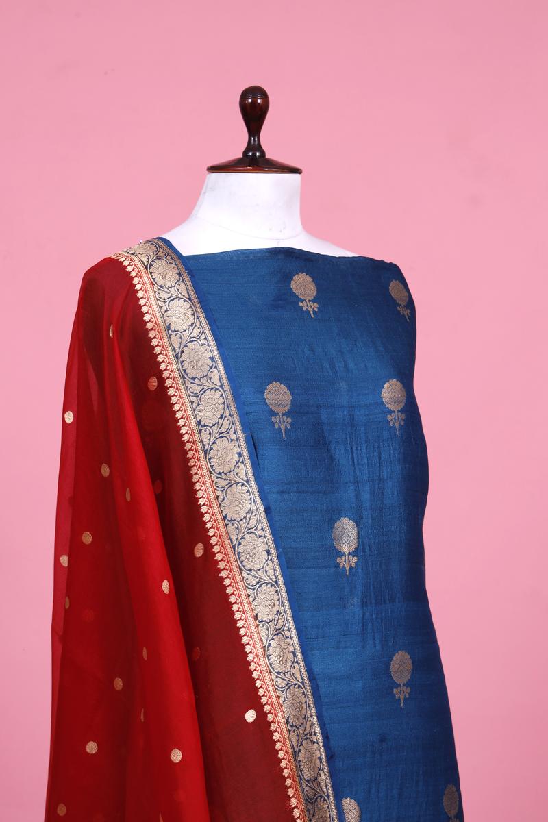 Blue Handloom Tussar Silk Suit Piece with Organza Dupatta