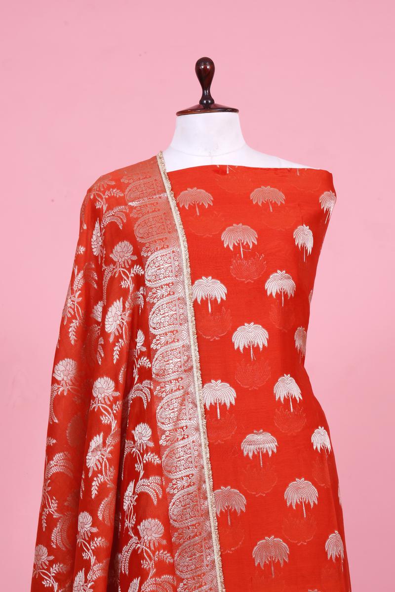 Orange Chanderi Silk Suit Piece with Silver Zari Woven Motifs