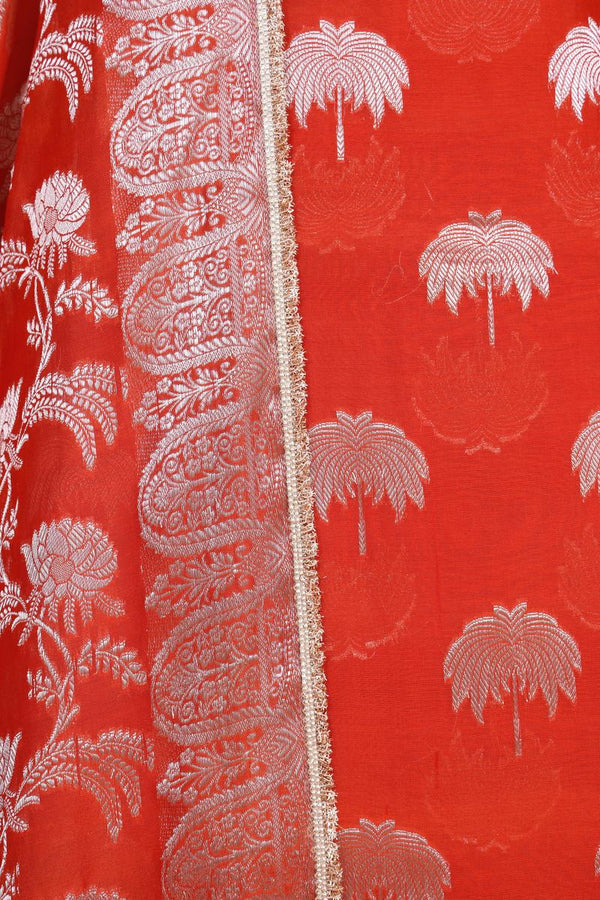 Orange Chanderi Silk Suit Piece with Silver Zari Woven Motifs