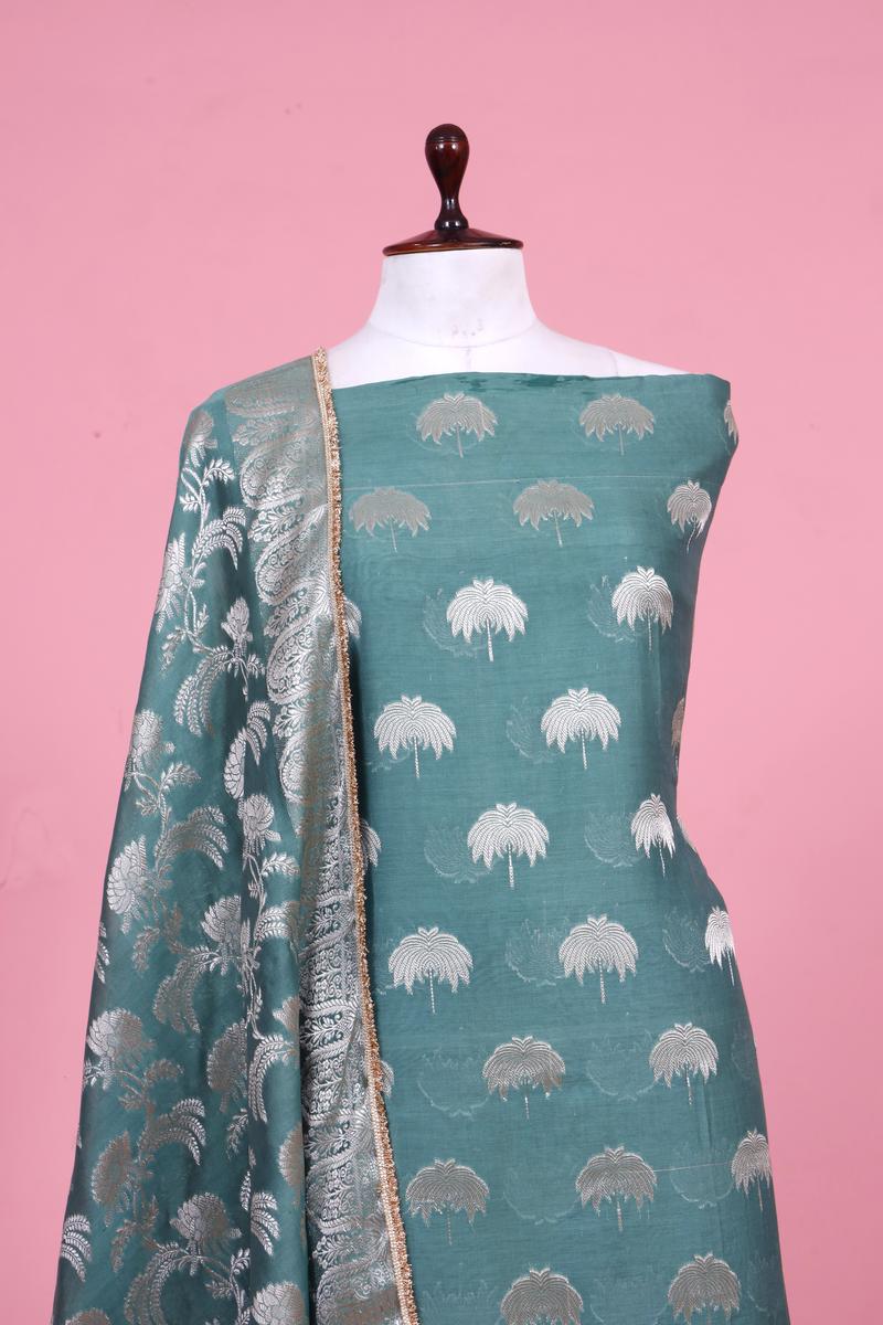 Green Chanderi Silk Suit Piece with Silver Zari Woven Motifs