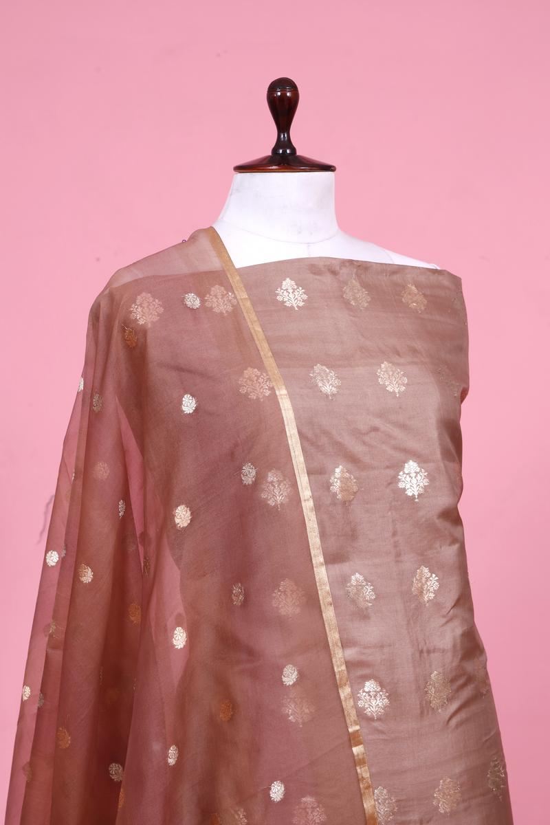 Rust Brown Satin Silk Suit Piece with Organza Dupatta