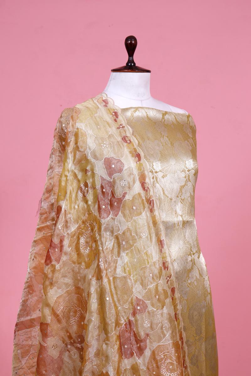 Yellow Brocade Tissue Silk Suit Piece with Floral Dupatta