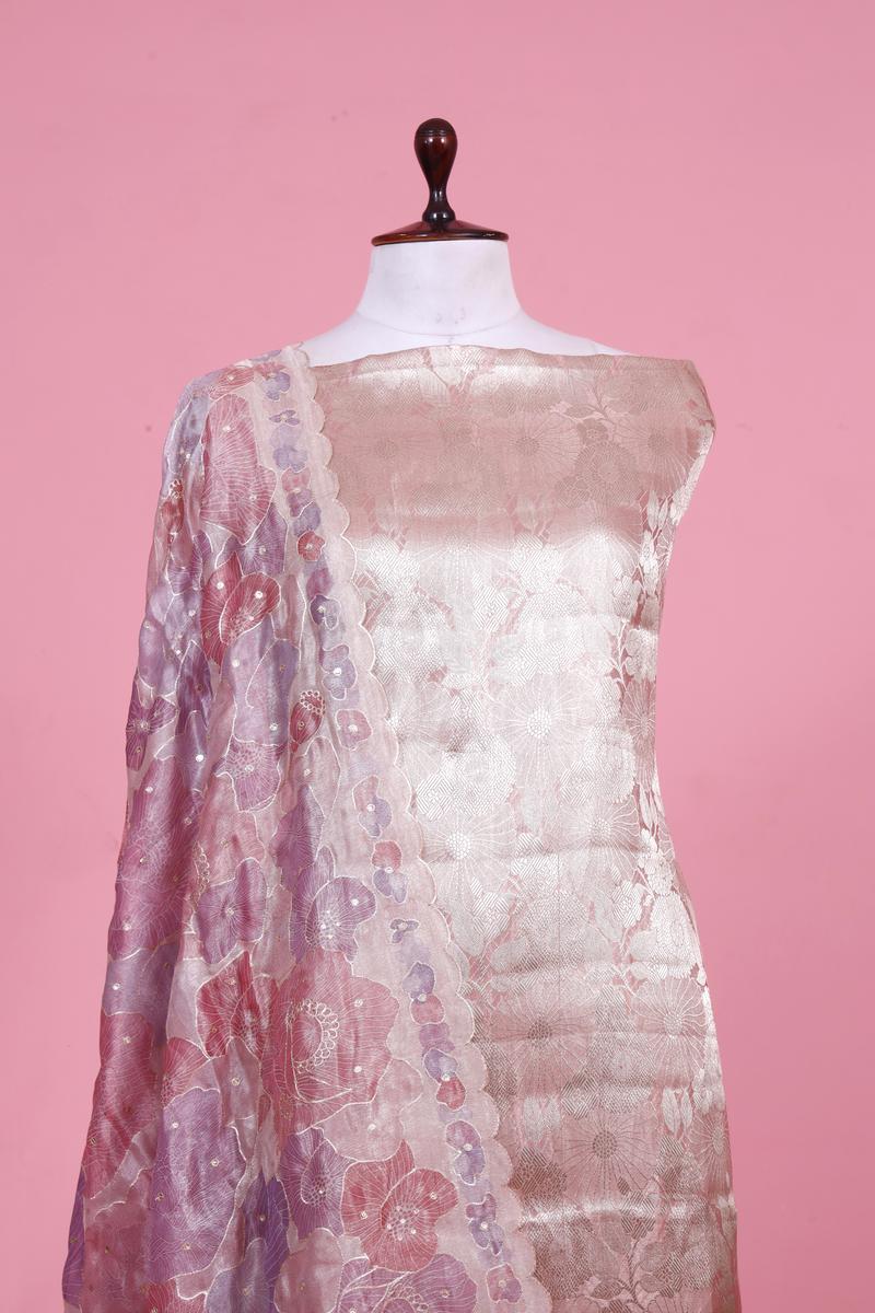 Pink Brocade Tissue Silk Suit Piece with Floral Dupatta