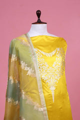 Yellow Handloom Satin Silk Suit Piece with Organza Dupatta