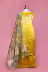 Yellow Handloom Satin Silk Suit Piece with Organza Dupatta