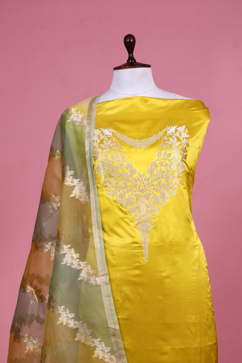 Yellow Handloom Satin Silk Suit Piece with Organza Dupatta