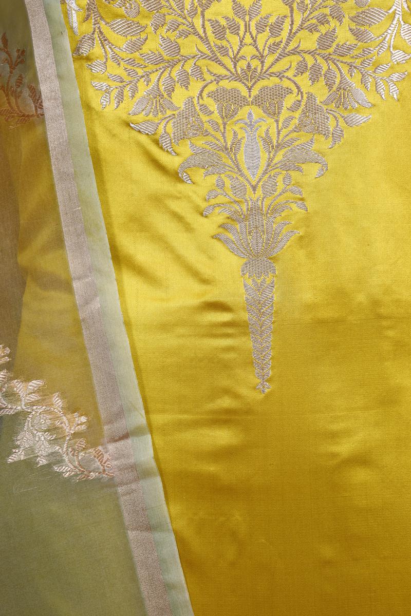 Yellow Handloom Satin Silk Suit Piece with Organza Dupatta