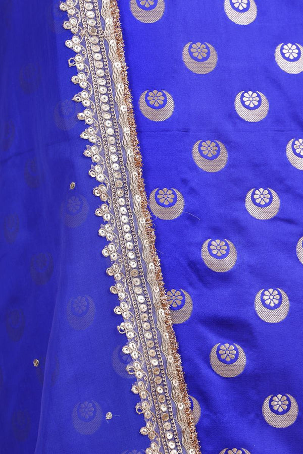 Royal Blue Satin Silk Suit Piece with Embellished Organza Dupatta