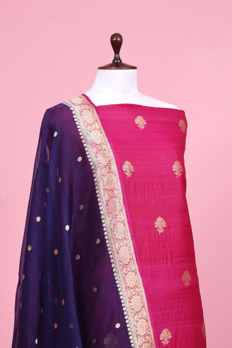 Pink Pure Handloom Tussar Silk Suit Piece with Organza Dupatta