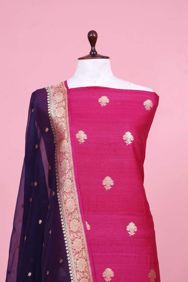 Pink Pure Handloom Tussar Silk Suit Piece with Organza Dupatta