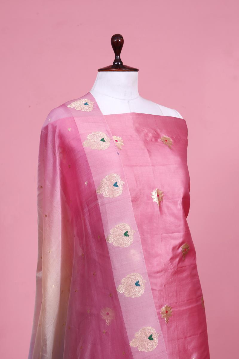 Pink Handloom Banarasi Puna Silk Suit Piece with Meenakari Organza Dupatta