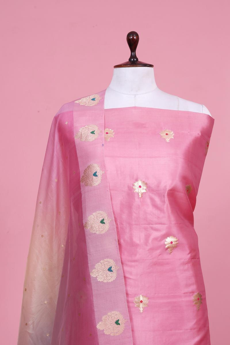 Pink Handloom Banarasi Puna Silk Suit Piece with Meenakari Organza Dupatta