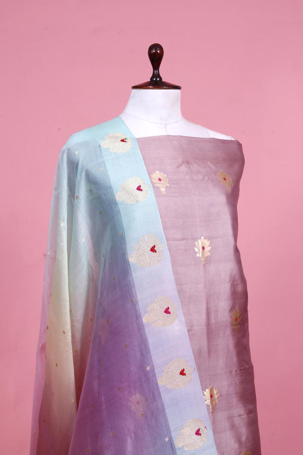 Lilac Handloom Banarasi Puna Silk Suit Piece with Meenakari Organza Dupatta