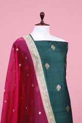 Bottle Green Pure Handloom Tussar Silk Suit Piece with Organza Dupatta