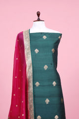 Bottle Green Pure Handloom Tussar Silk Suit Piece with Organza Dupatta