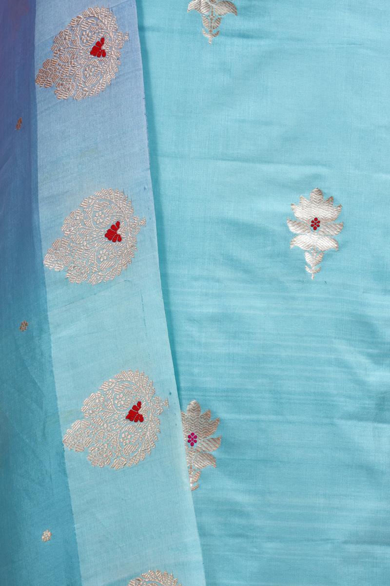 Sky Blue Handloom Banarasi Puna Silk Suit Piece Meenakari Organza Dupatta