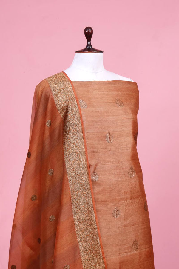 Brown Handloom Tussar Silk Suit Piece with Organza Dupatta