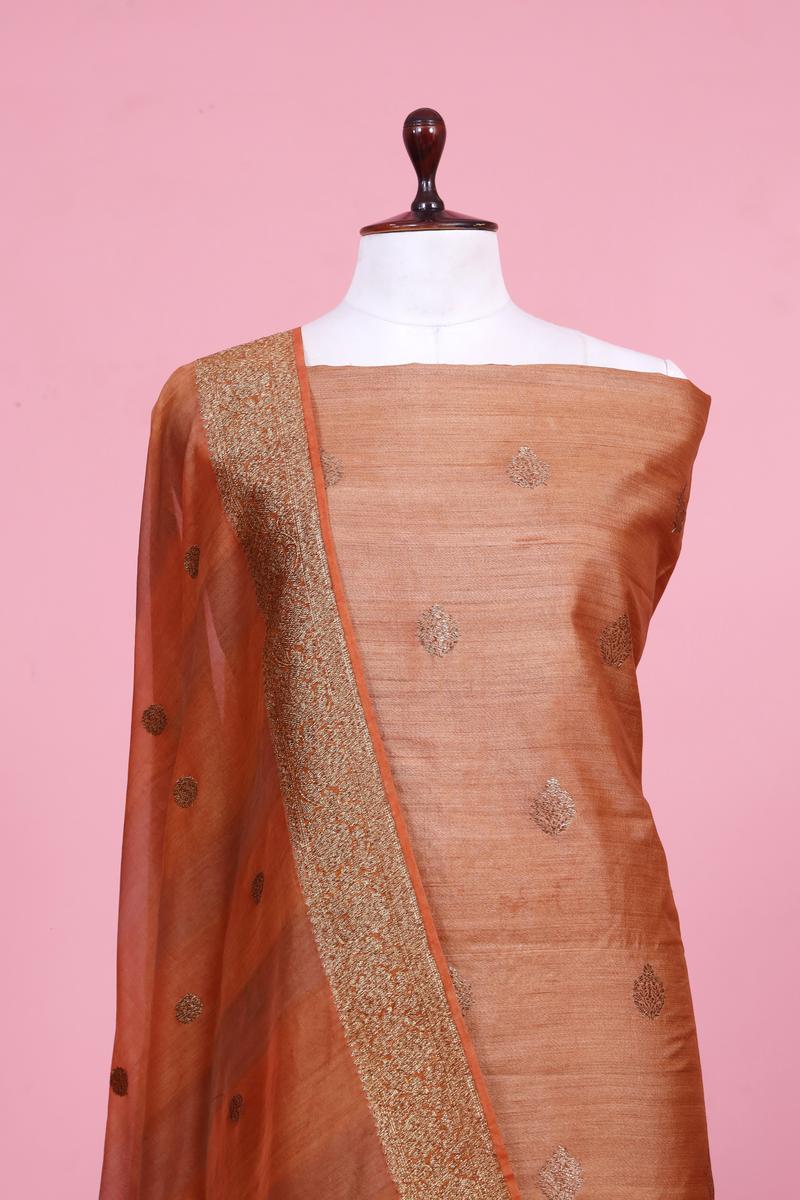 Brown Handloom Tussar Silk Suit Piece with Organza Dupatta