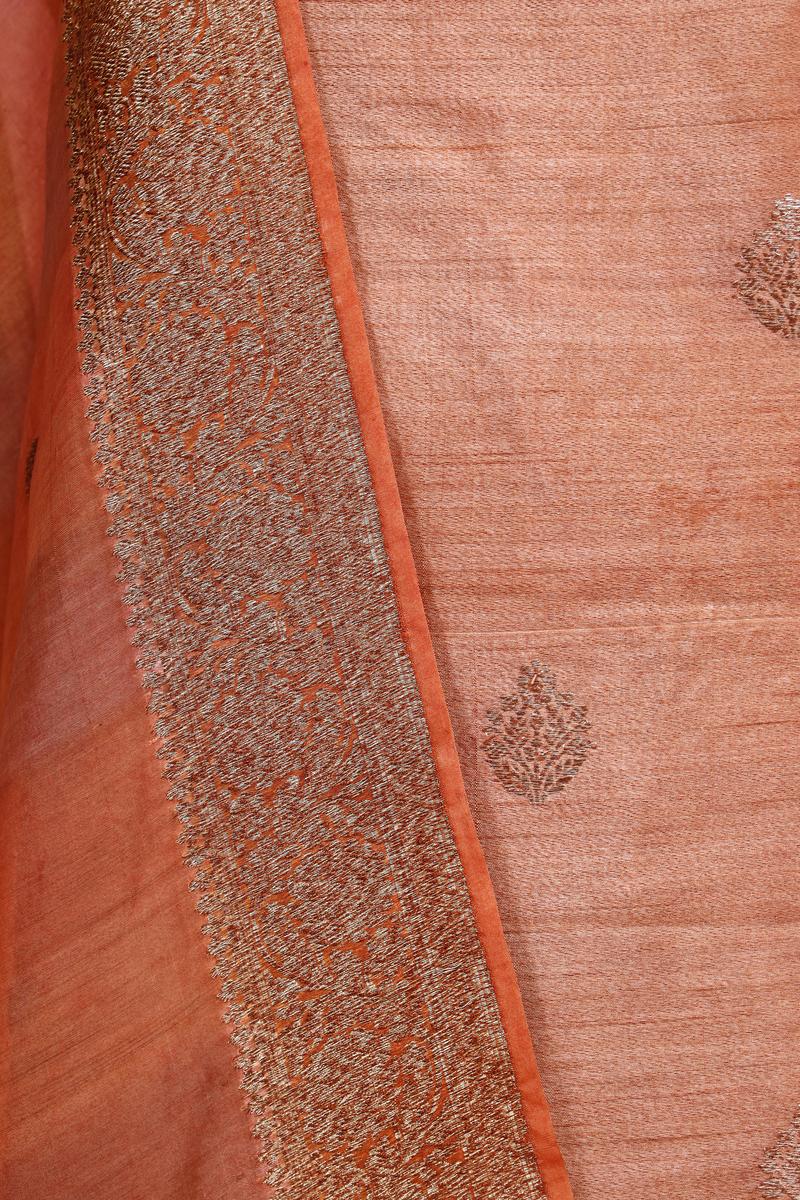 Brown Handloom Tussar Silk Suit Piece with Organza Dupatta