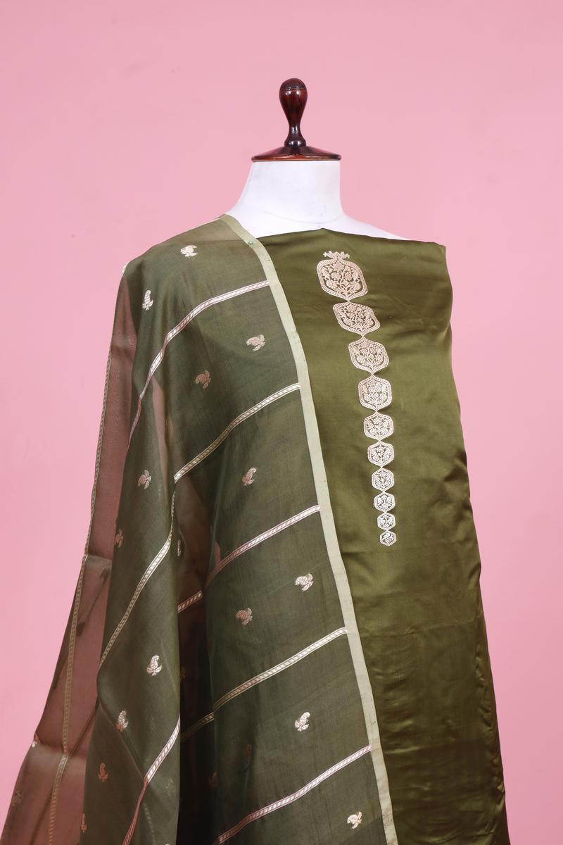 Olive Green Pure Handloom Satin Silk Suit Piece with Organza Dupatta