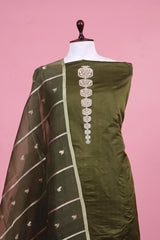 Olive Green Pure Handloom Satin Silk Suit Piece with Organza Dupatta