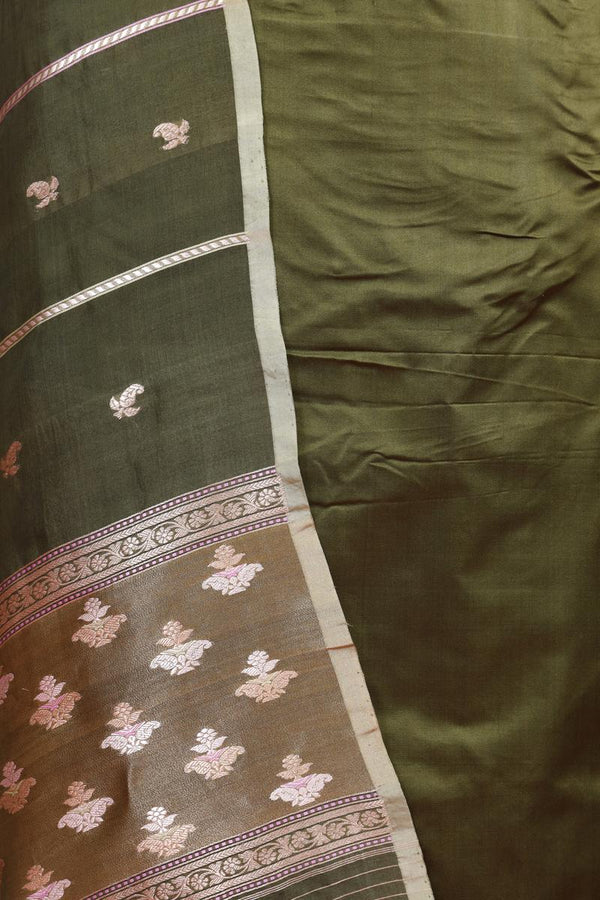 Olive Green Pure Handloom Satin Silk Suit Piece with Organza Dupatta