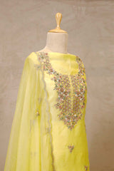 Lime Yellow Organza Salwar Suit with Floral Hand Embroidery