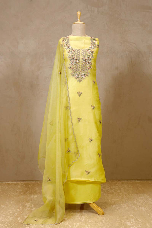 Lime Yellow Organza Salwar Suit with Floral Hand Embroidery