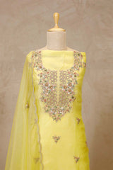 Lime Yellow Organza Salwar Suit with Floral Hand Embroidery