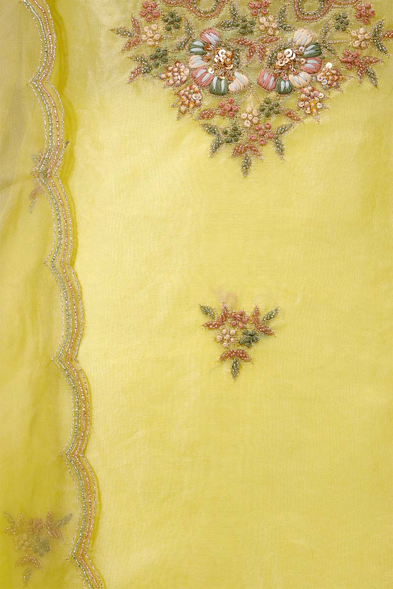 Lime Yellow Organza Salwar Suit with Floral Hand Embroidery