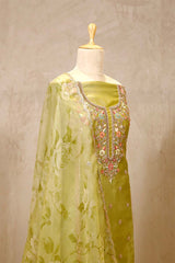 Henna Green Organza Silk Salwar Suit with Hand Embroidery