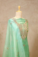 Aqua Blue Organza Salwar Suit with Floral Hand Embroidery