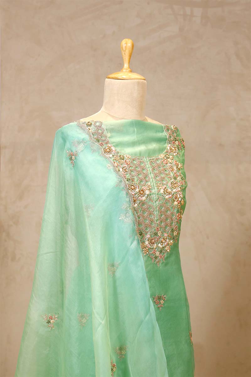 Aqua Blue Organza Salwar Suit with Floral Hand Embroidery