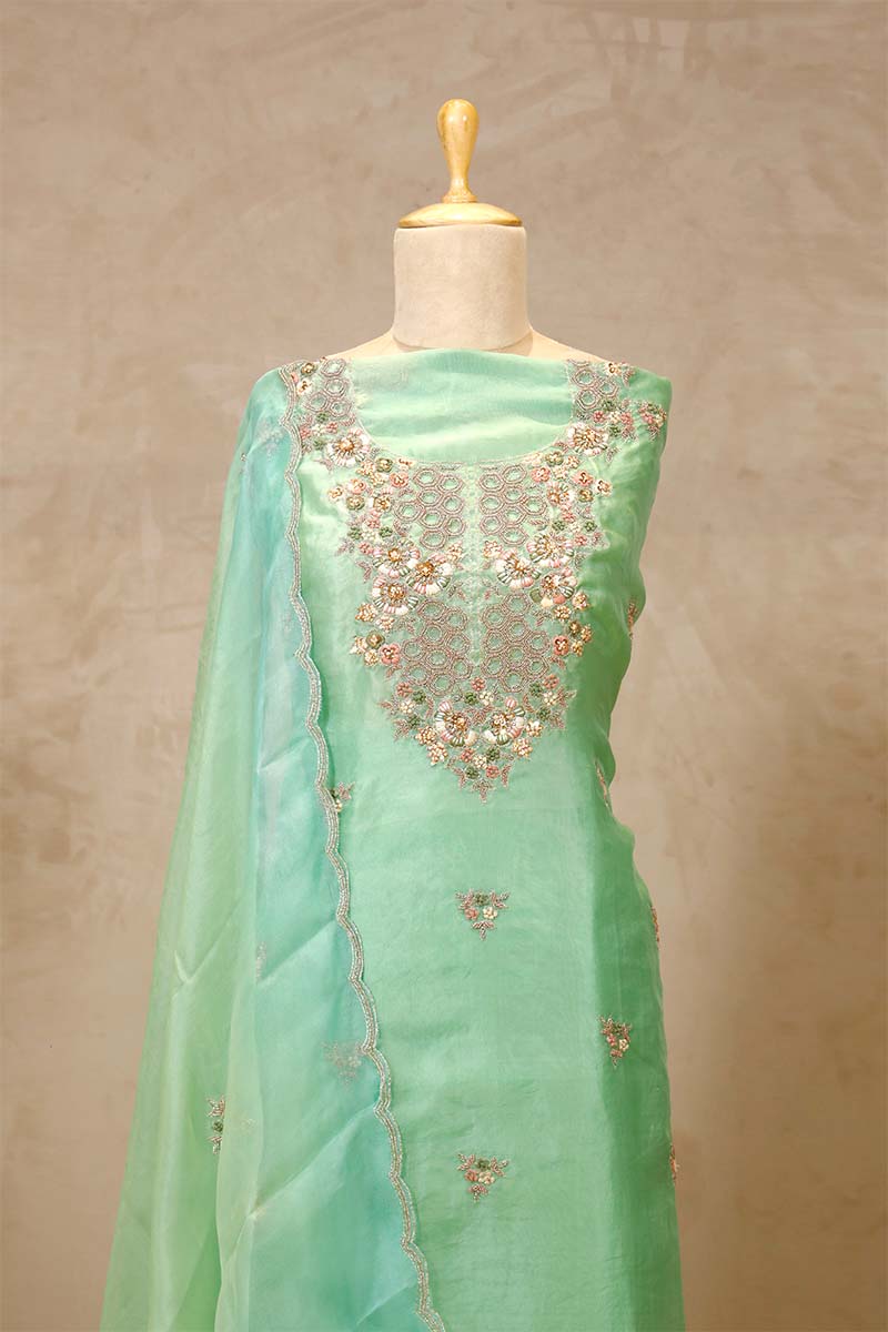 Aqua Blue Organza Salwar Suit with Floral Hand Embroidery