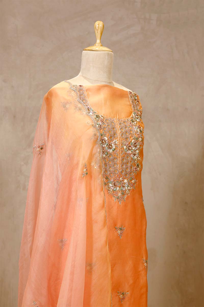 Peach Organza Salwar Suit with Floral Hand Embroidery