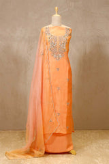 Peach Organza Salwar Suit with Floral Hand Embroidery