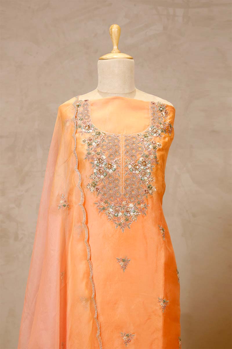 Peach Organza Salwar Suit with Floral Hand Embroidery