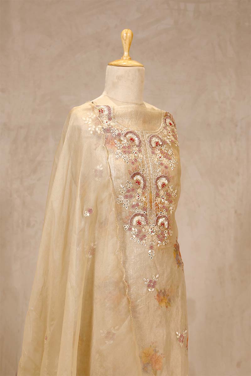 Off-White Tissue Silk Salwar Suit with Floral Hand Embroidery