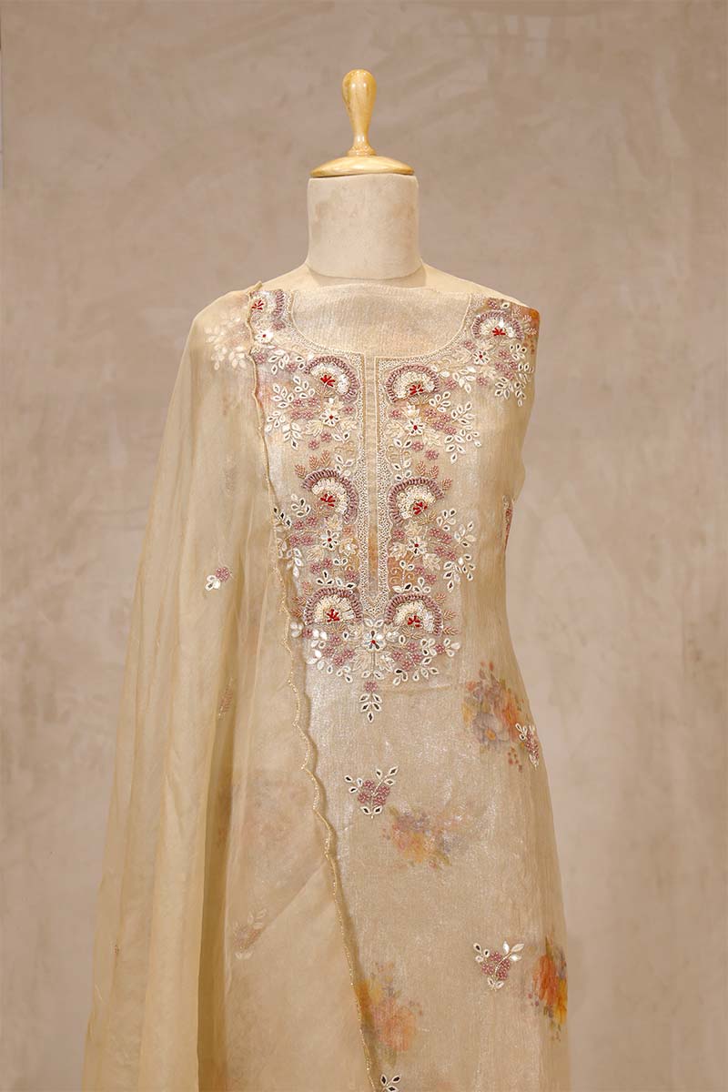 Off-White Tissue Silk Salwar Suit with Floral Hand Embroidery