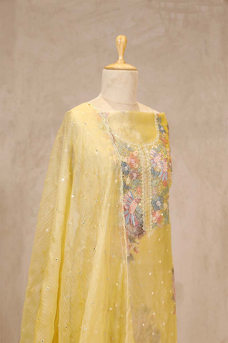 Butter Yellow Organza Silk Salwar Suit with Floral Hand Embroidery