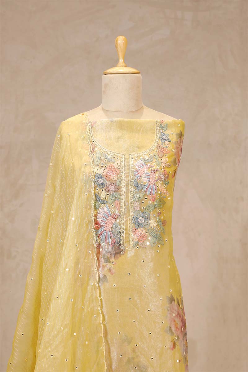 Butter Yellow Organza Silk Salwar Suit with Floral Hand Embroidery