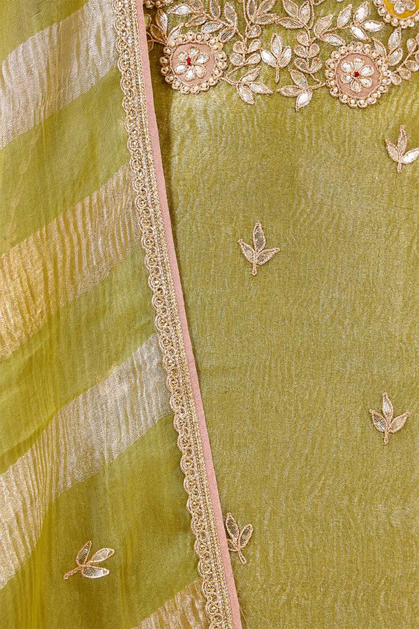 Henna Green Tissue Silk Salwar Suit with Hand Embroidery