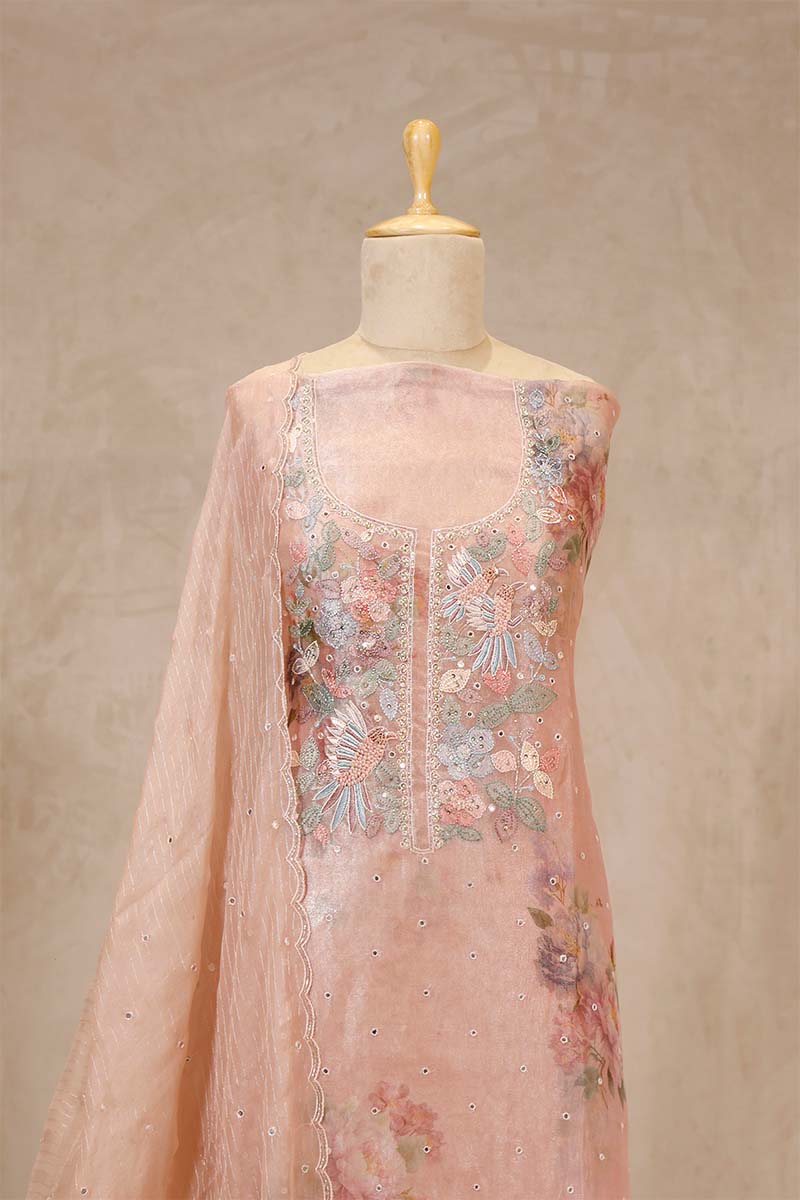 Baby Pink Tissue Silk Salwar Suit with Floral Hand Embroidery