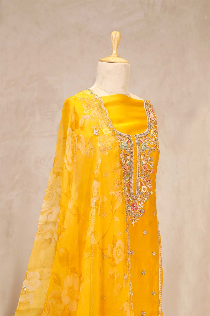 Orange Organza Silk Salwar Suit with Hand Embroidery