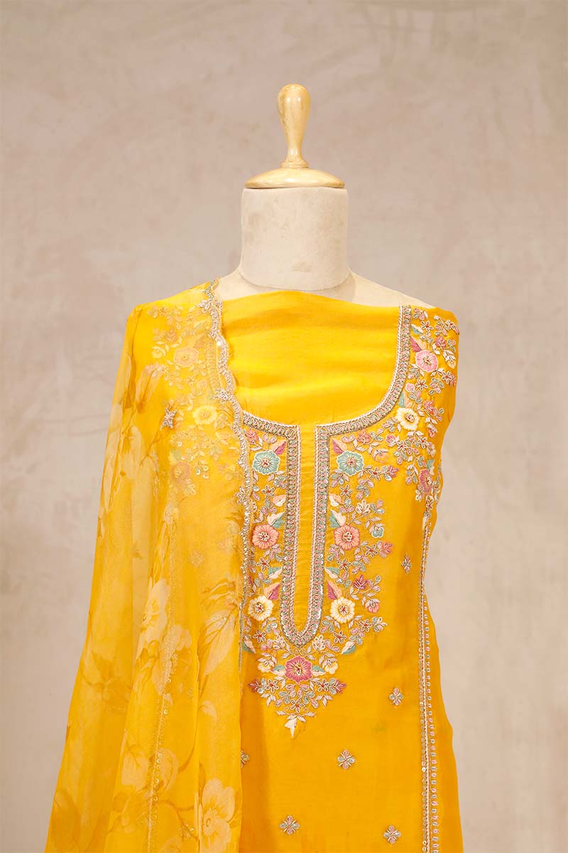 Orange Organza Silk Salwar Suit with Hand Embroidery