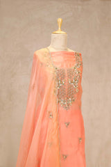 Salmon Peach Organza Salwar Suit with Floral Hand Embroidery