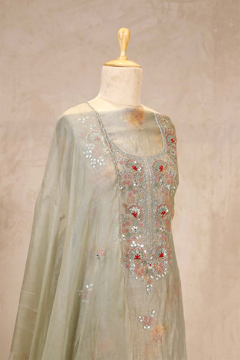 Slate Grey Organza Silk Salwar Suit with Floral Hand Embroidery